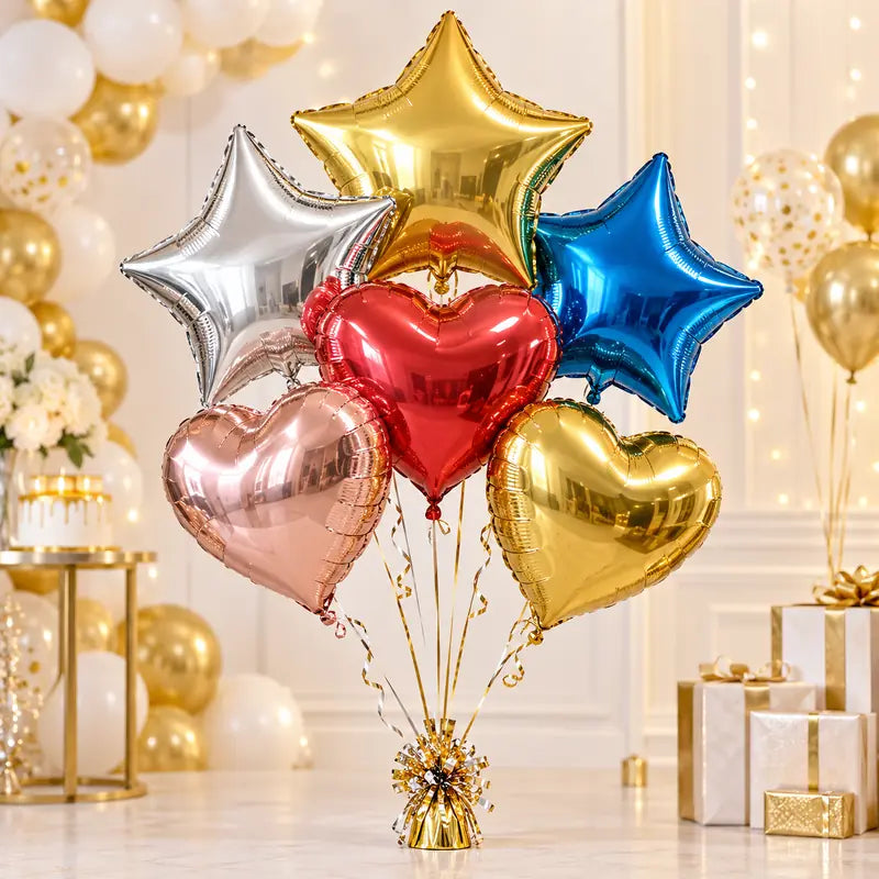 Metallic star and heart foil balloons arranged as a colorful party bouquet.