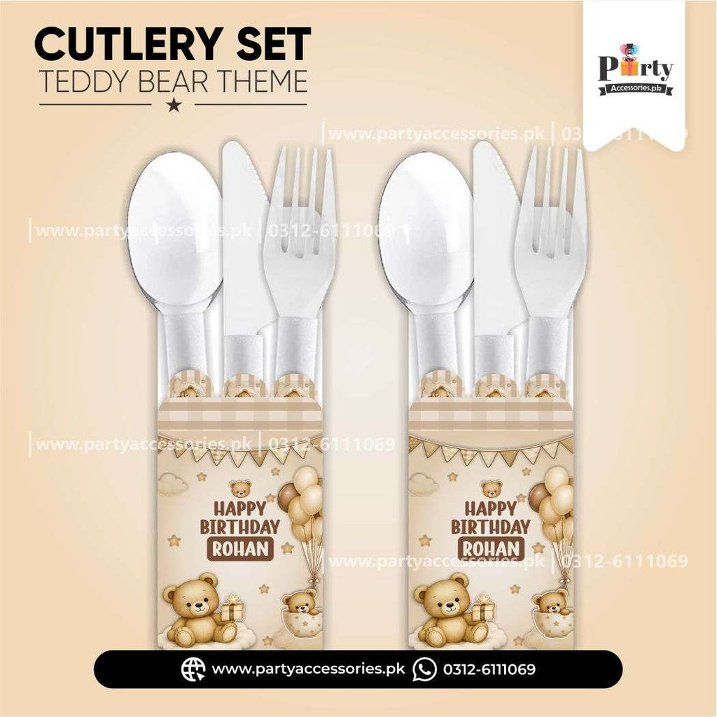 Teddy Bear Theme Disposable Cutlery with Customized Holders for Birthday Party