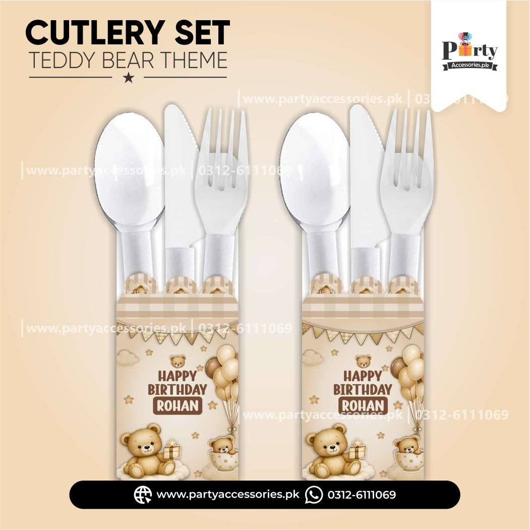 Teddy Bear Theme Disposable Cutlery with Customized Holders for Birthday Party