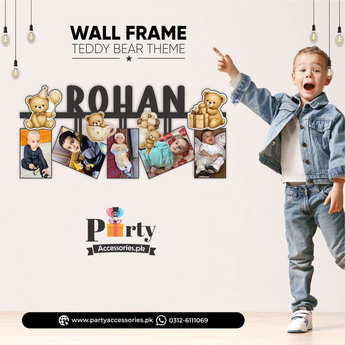 Teddy Bear Theme Customized Wall Name Frame with 5 Photos for Birthday Wall Decoration