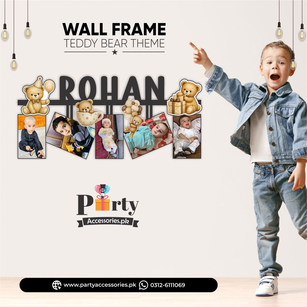 Teddy Bear Theme Customized Wall Name Frame with 5 Photos for Birthday Wall Decoration
