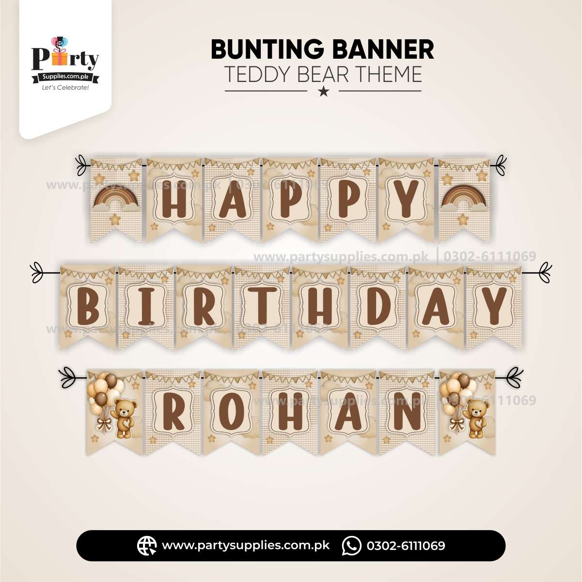 Teddy Bear Theme Customized Name Birthday Bunting Banner for Wall Decoration