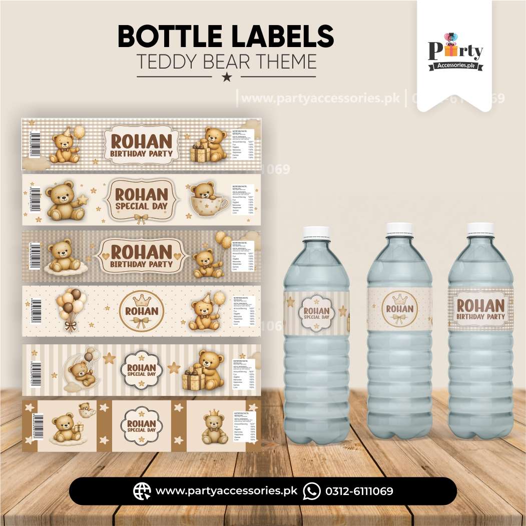 Teddy Bear Theme Personalized Bottle Label Wraps – Party Decorations (Pack of 6)