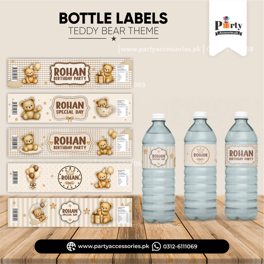 Teddy Bear Theme Personalized Bottle Label Wraps – Party Decorations (Pack of 6)