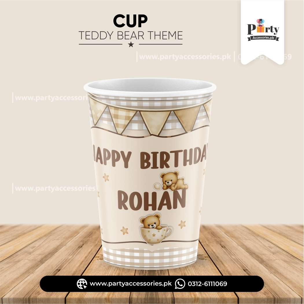 Disposable Cups with Teddy Bear Theme Sticker Labels – Birthday Party Cups