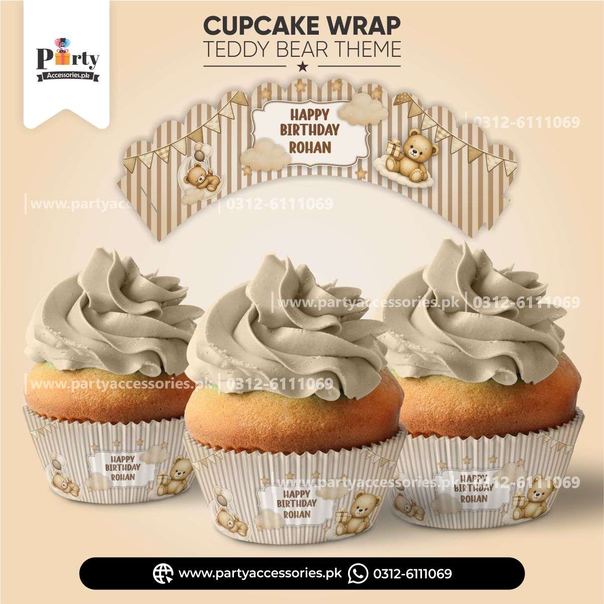 Teddy Bear Theme Customized Cupcake Wraps for Birthday Party Decoration