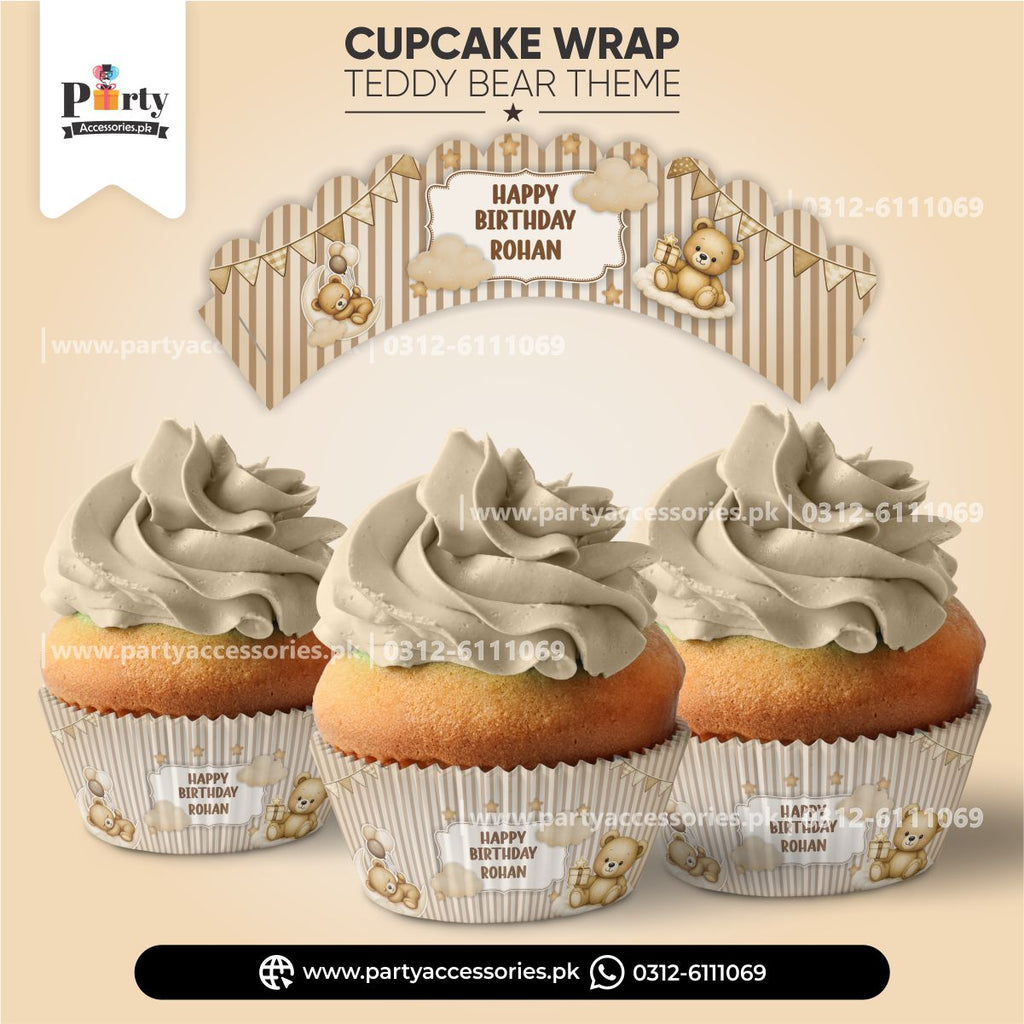Teddy Bear Theme Customized Cupcake Wraps for Birthday Party Decoration