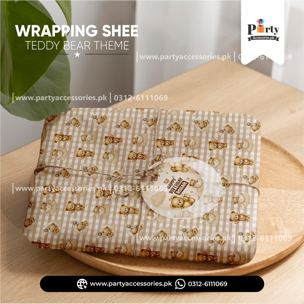 Teddy Bear Theme Gift Wrapping Sheets Set with Tag & Jute Ribbon for Birthday Gifts