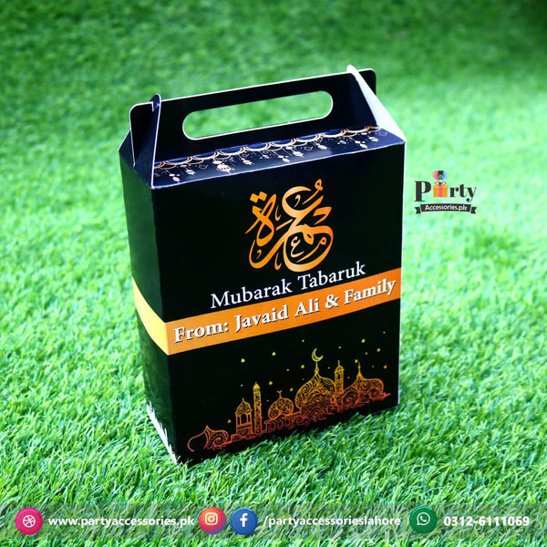 Customized Umrah Tabaruk Distribution Boxes | Umrah Giveaway Packaging Boxes in Black | Pack of 6 Boxes