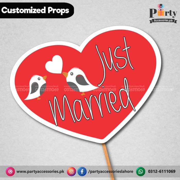 Customized funny WEDDING party photo prop JUST MARRIED love birds