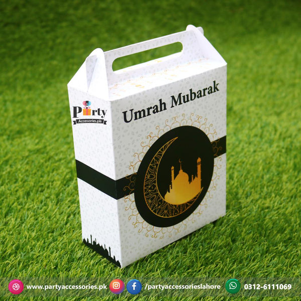 Customized Umrah Tabaruk Distribution Boxes | Umrah Giveaway Packaging Boxes in White 