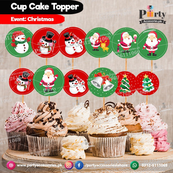 Christmas party theme cupcake toppers set round
