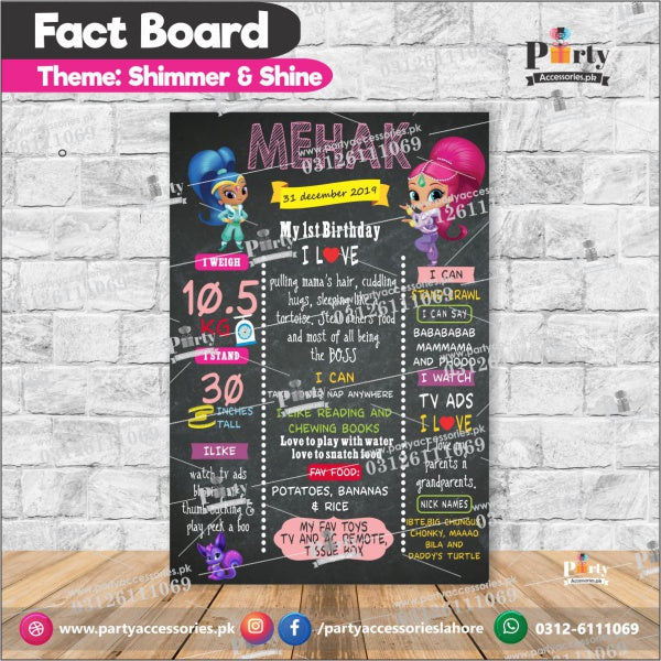 Customized Shimmer and Shine theme first birthday Fact board / Milestone Board