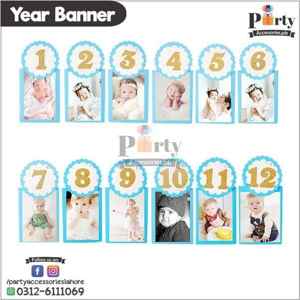 Photo Banner for 12 month baby milestone pictures in Blue with glitter numbers