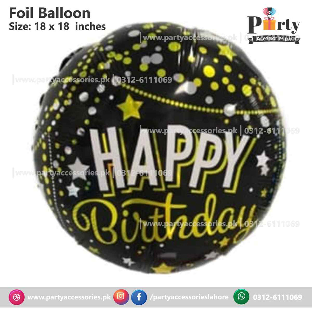 happy birthday printed round foil balloons in black and golden