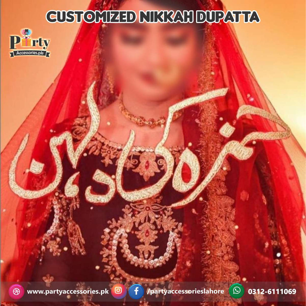 Red Nikkah Dupatta customized with groom name Customized
