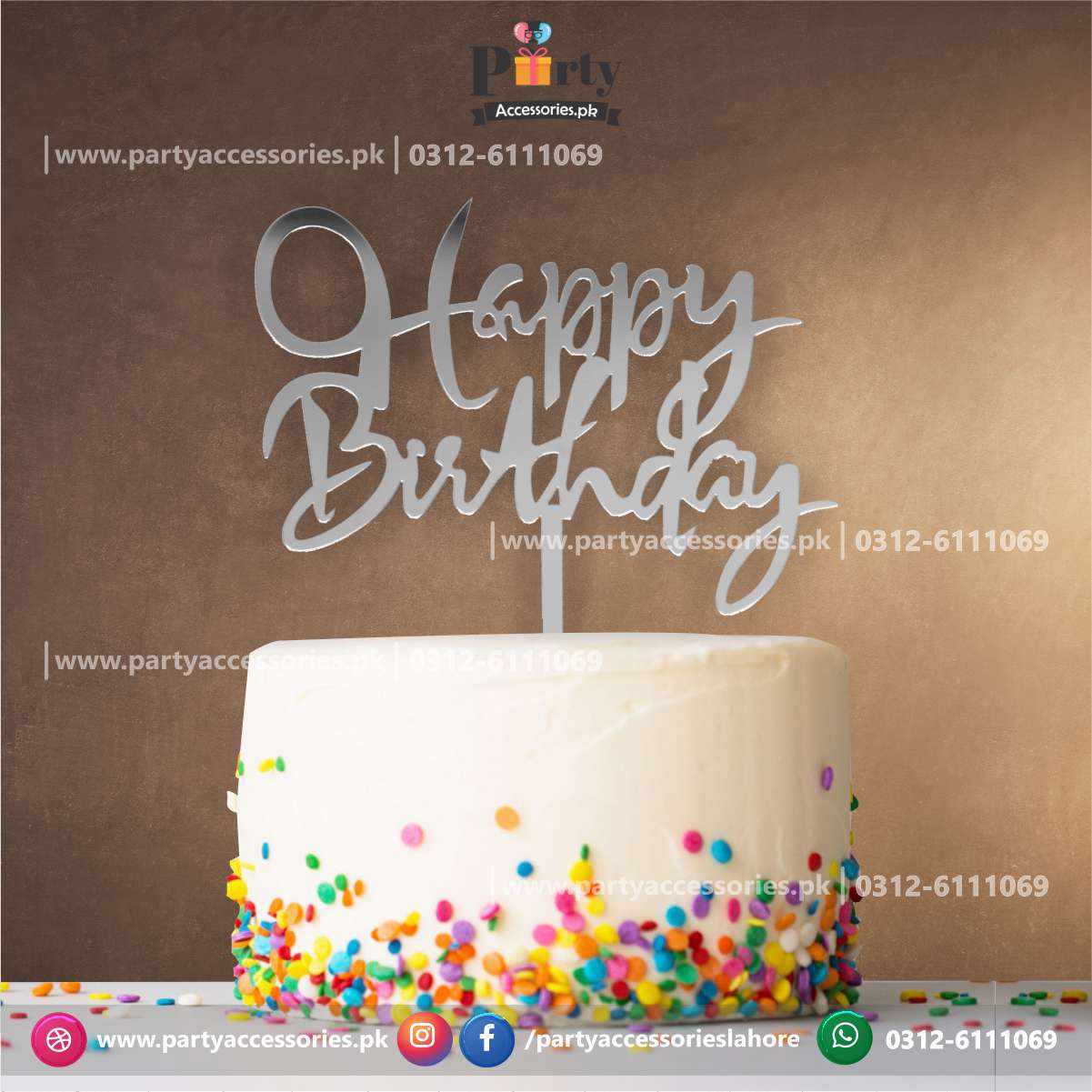 happy birthday silver cake topper