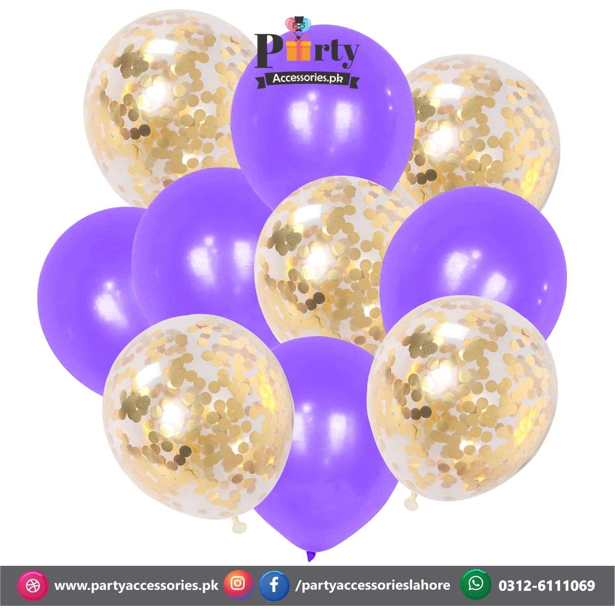 Purple with golden confetti balloons set