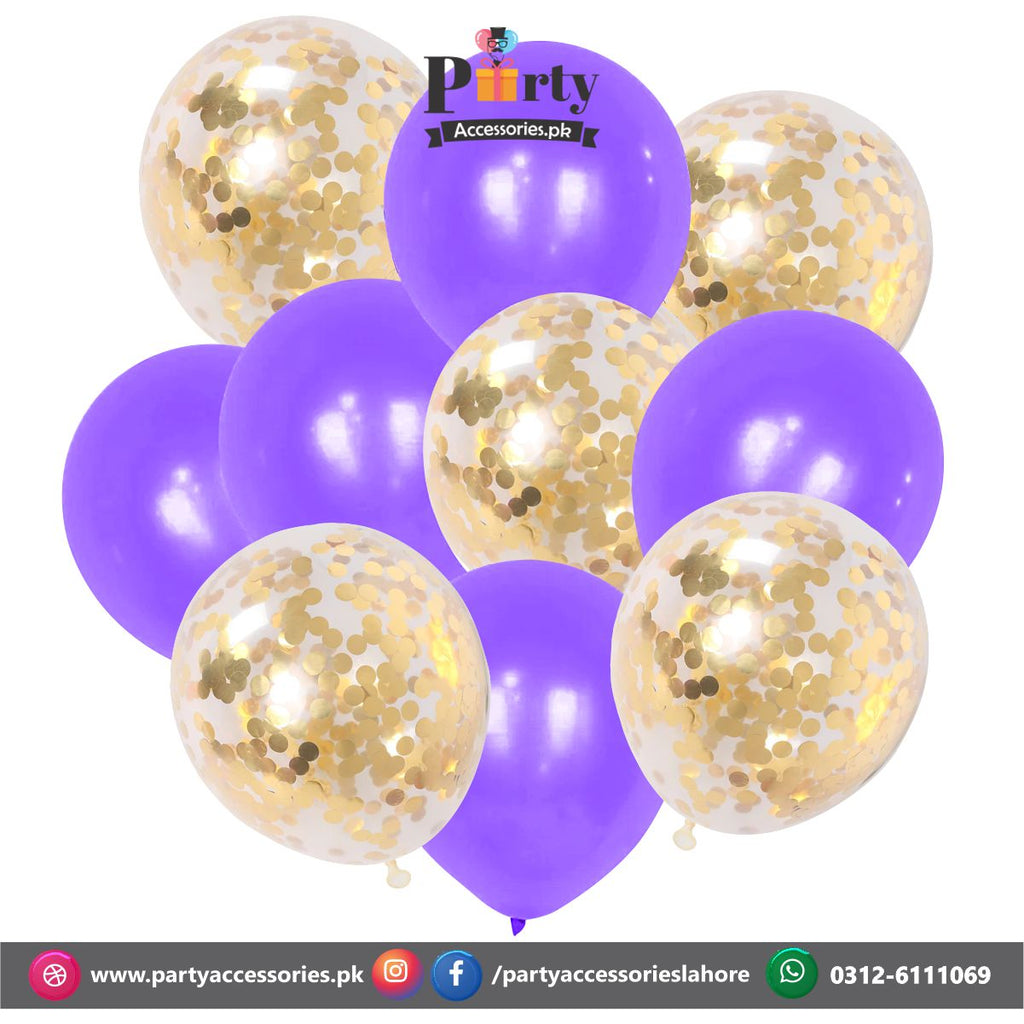 Purple with golden confetti balloons set