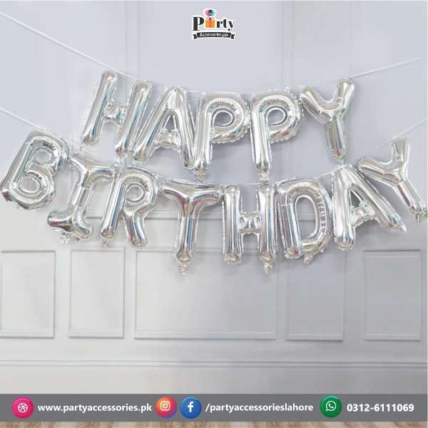 silver color happy birthday foil balloons 