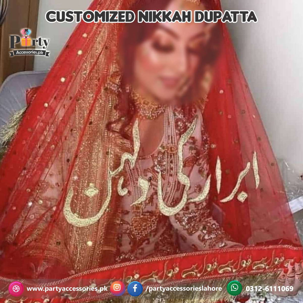 Red Nikkah Dupatta customized with groom name Customized