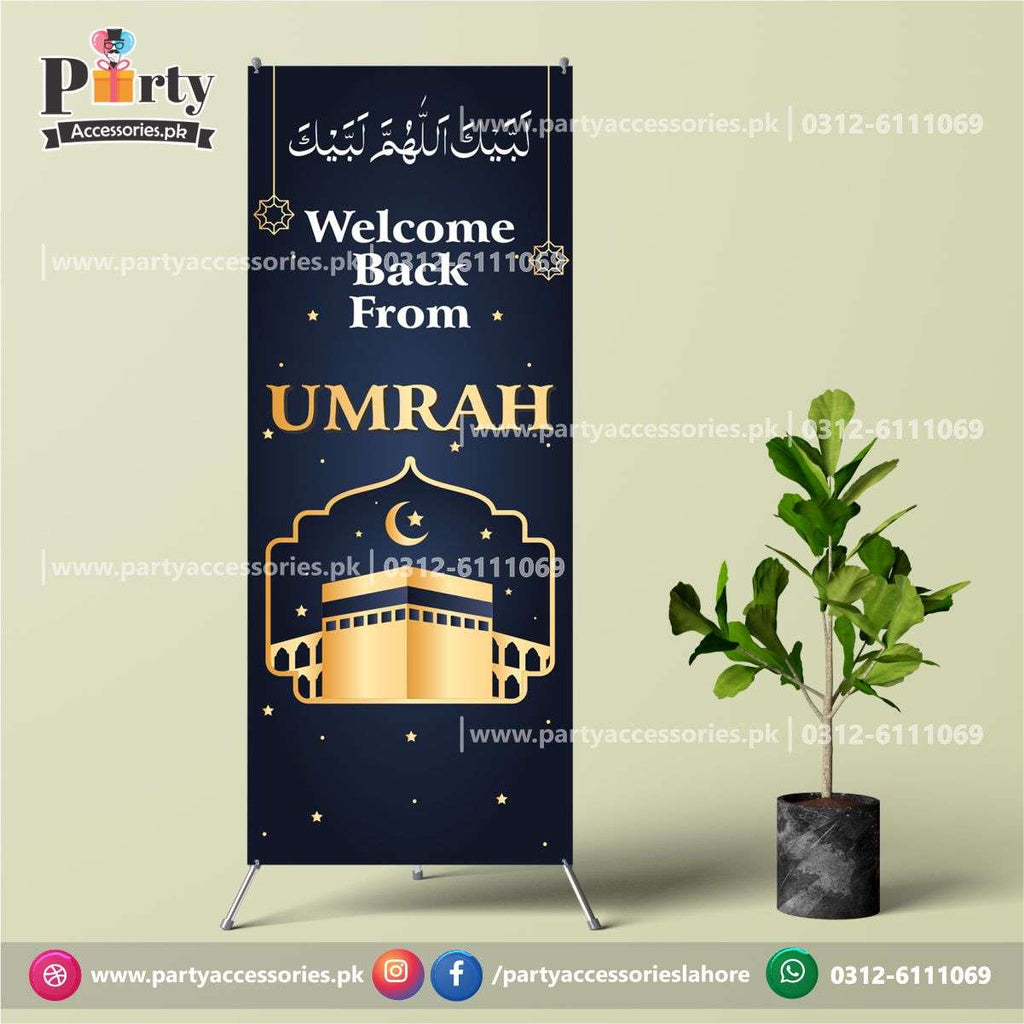 Customized Umrah Mubarak Welcome standee in elegant Black shade