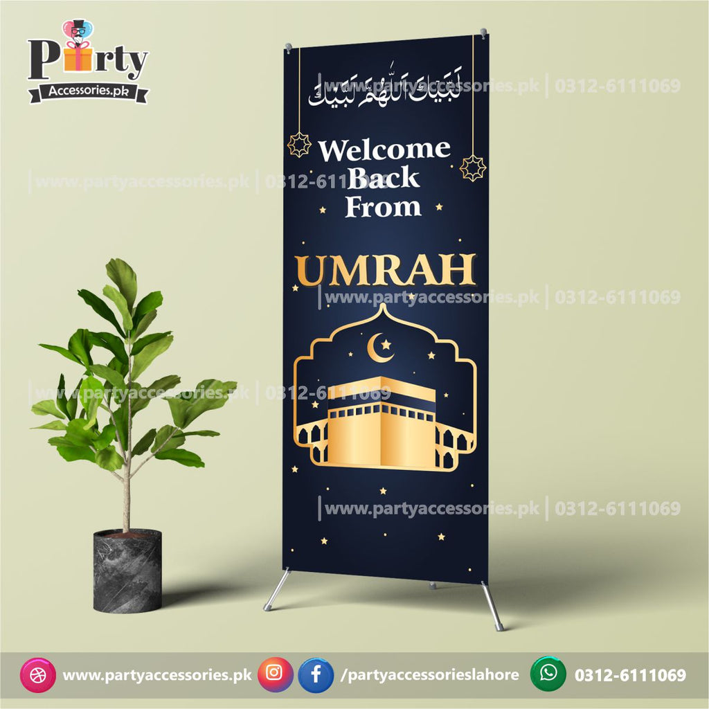 Customized Umrah Mubarak Welcome standee in elegant Black shade