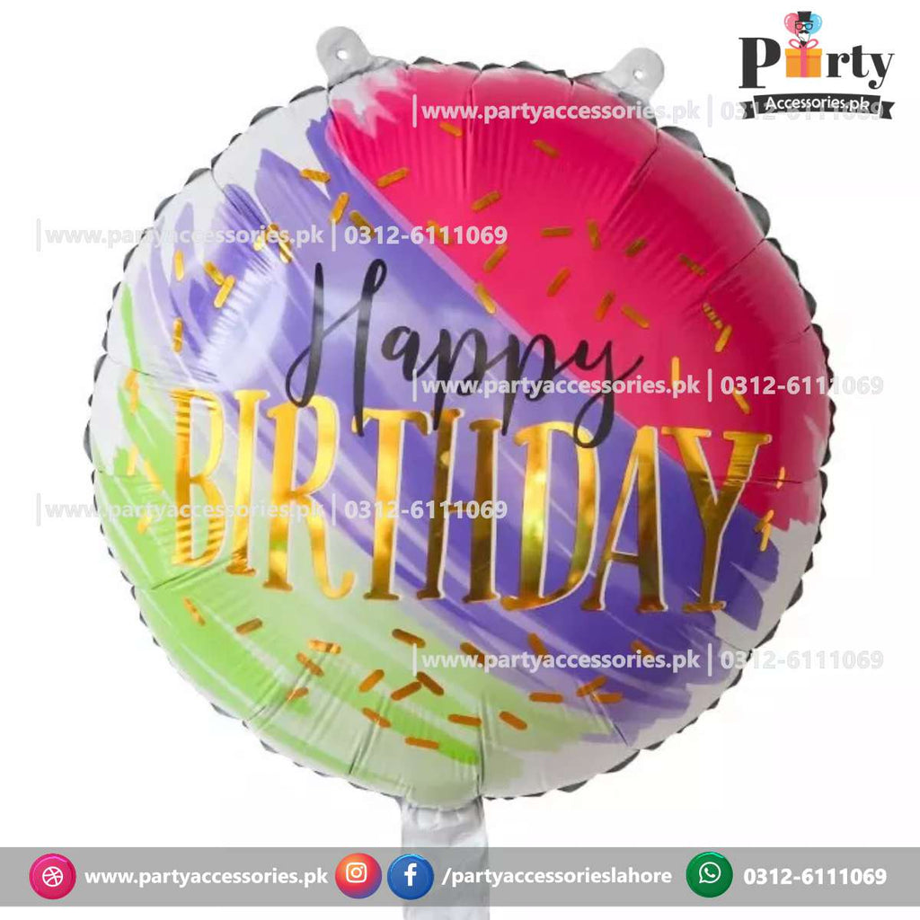 happy birthday foil balloons in multi colored pattern