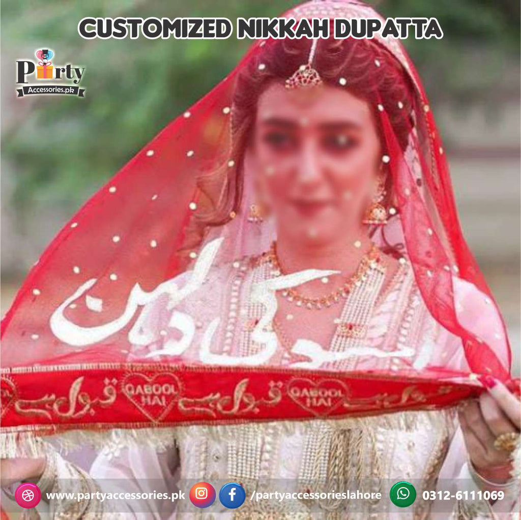 Red Nikkah Dupatta customized with groom name Customized