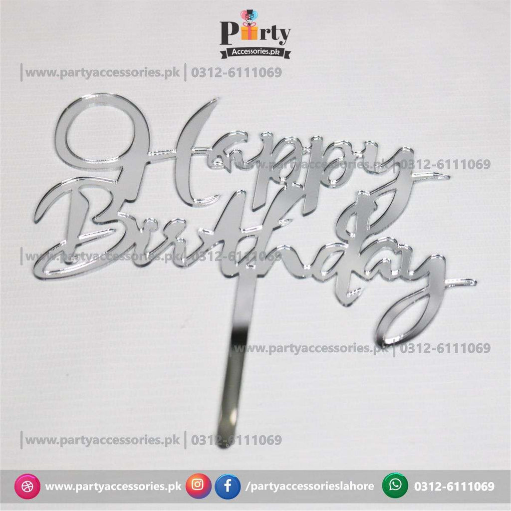 happy birthday silver cake topper 