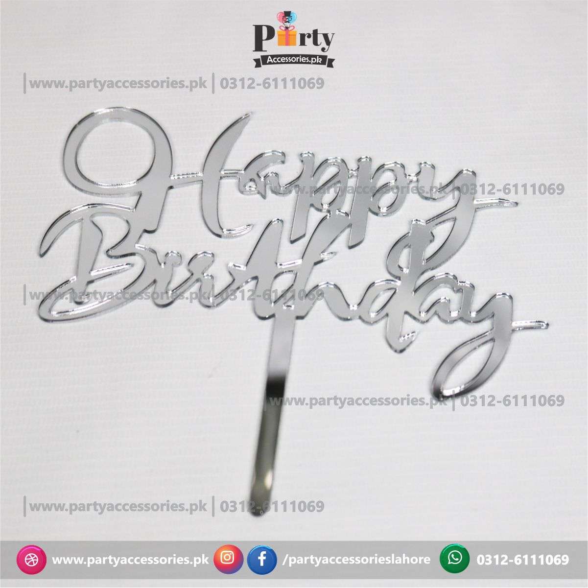 happy birthday silver cake topper 