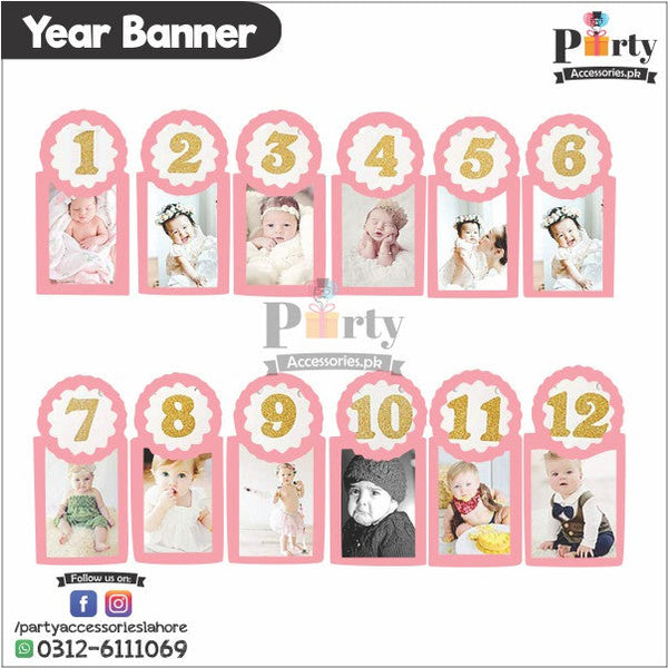 Photo Banner for 12 month baby milestone pictures in pink with glitter numbers