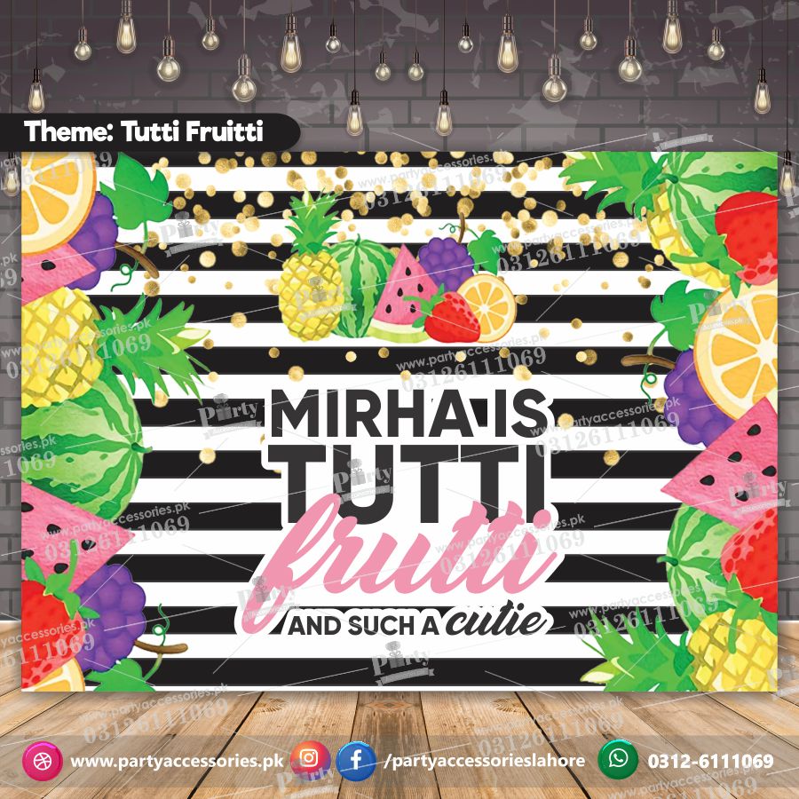 Customized Tutti frutti Theme Birthday Party Backdrop with black and white stripes