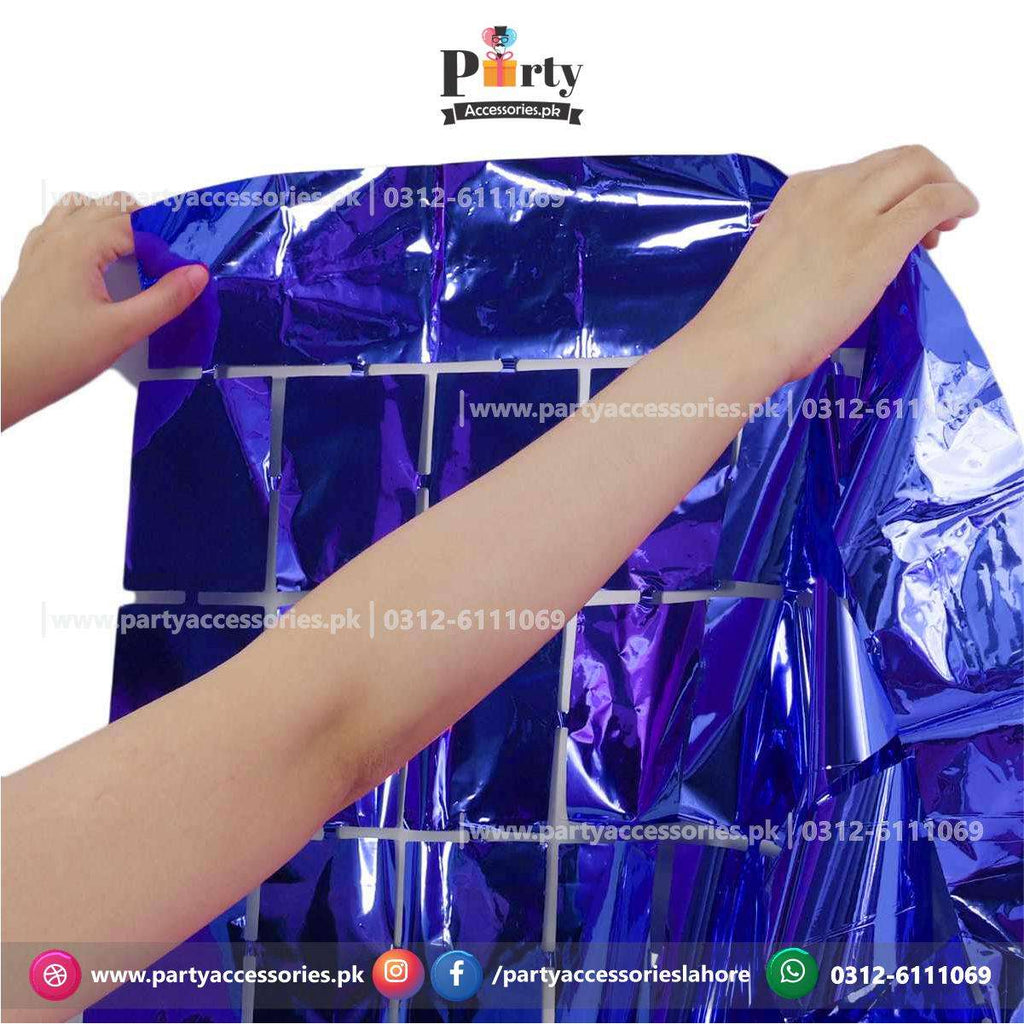 metallic tinsel foil box shape square cut curtain in blue 