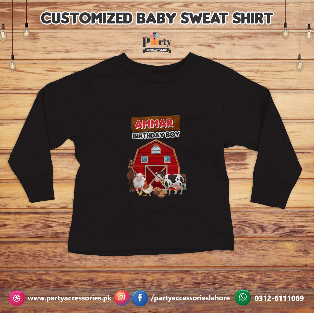 Farm Animals theme birthday customized Sweat shirt in Black