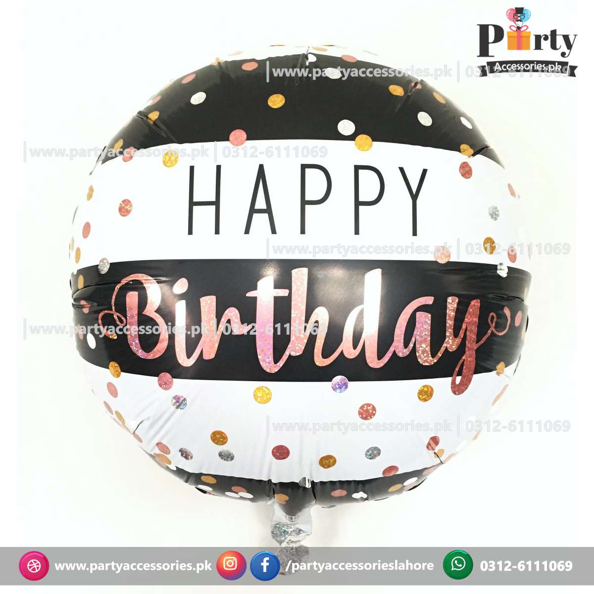 happy birthday printed round foil balloons in black and white stripes