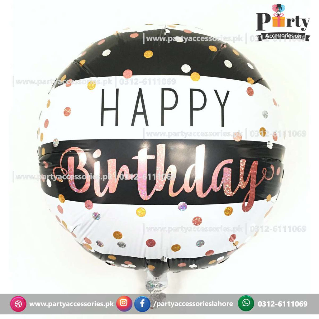 happy birthday printed round foil balloons in black and white stripes