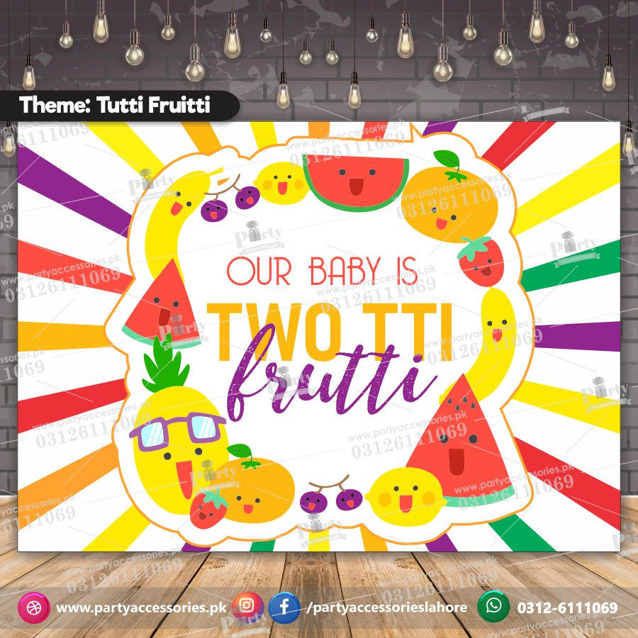 Customized Tutti frutti Theme Birthday Party Backdrop with stripes