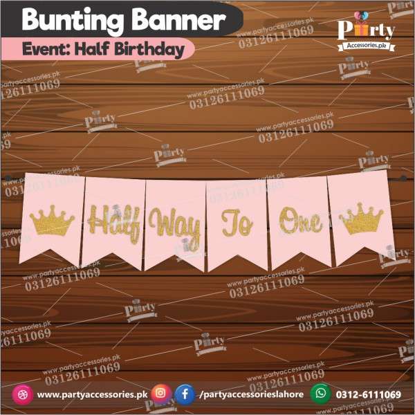 Half way to one birthday Bunting banner with Golden Glitter Pasted Letters