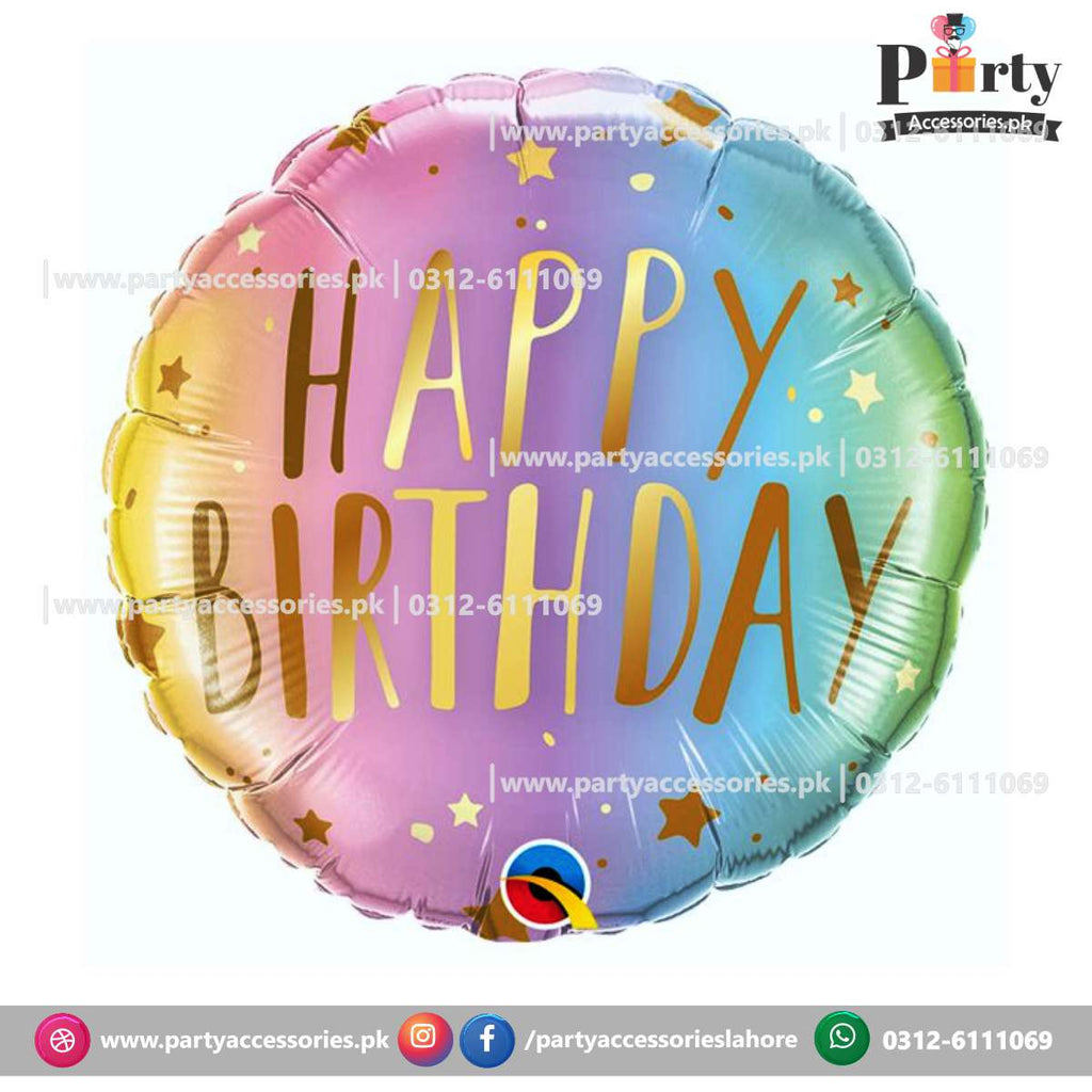 happy birthday printed round foil balloons in pastel rainbow theme