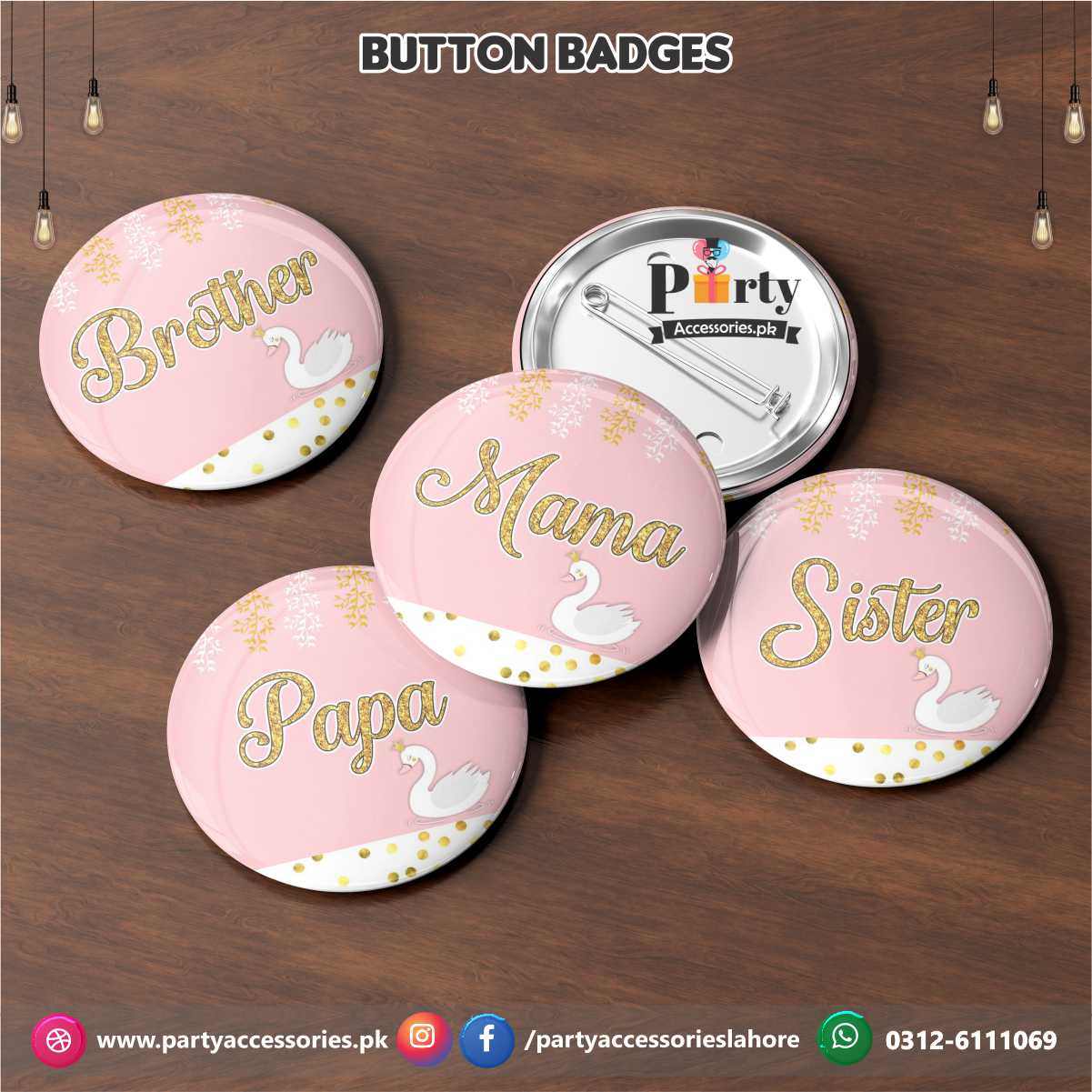 Swan theme birthday party customized badges (pack of 6)