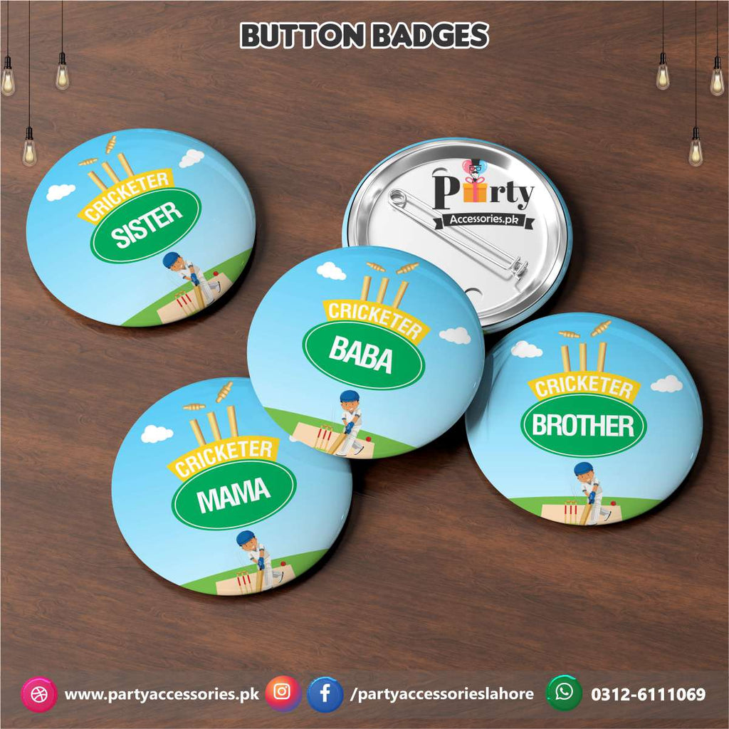 Cricket theme birthday party customized badges (pack of 6)