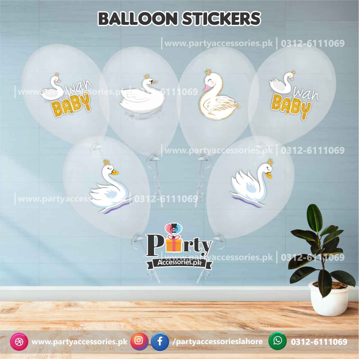 Swan theme transparent balloons with stickers pack of 6
