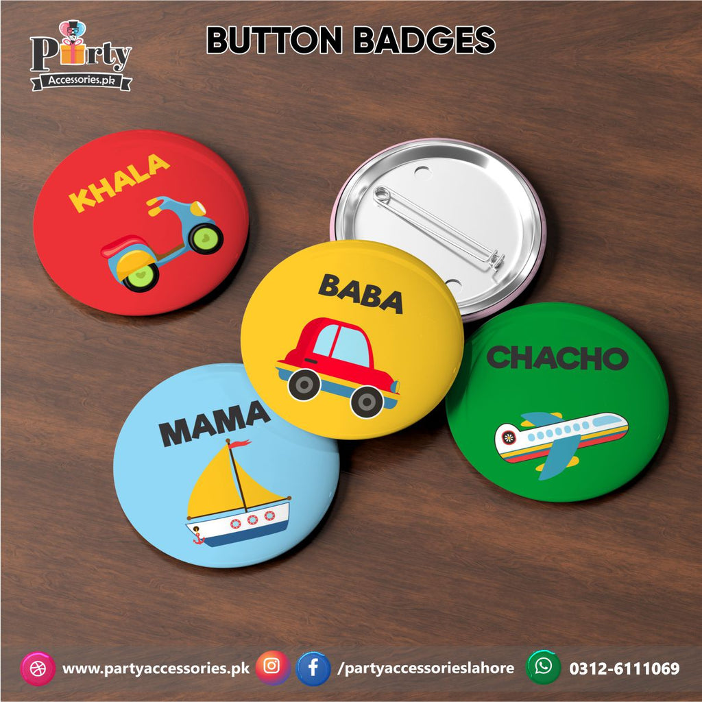 Transport theme Button badges Pack of 6 | Party Accessories