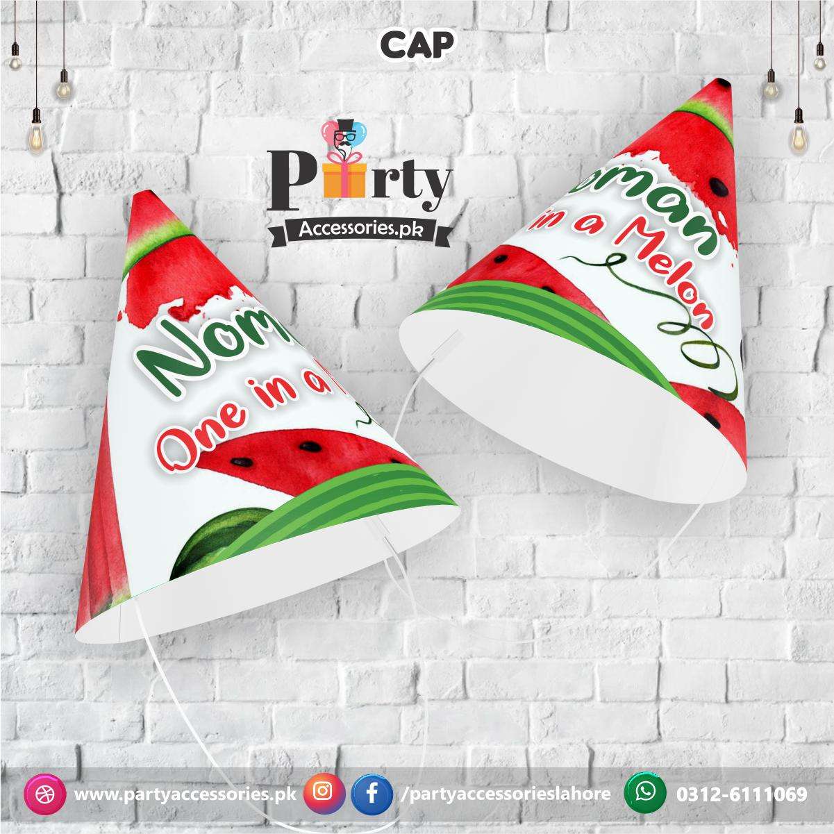 Cone shape caps in One in a melon theme birthday party