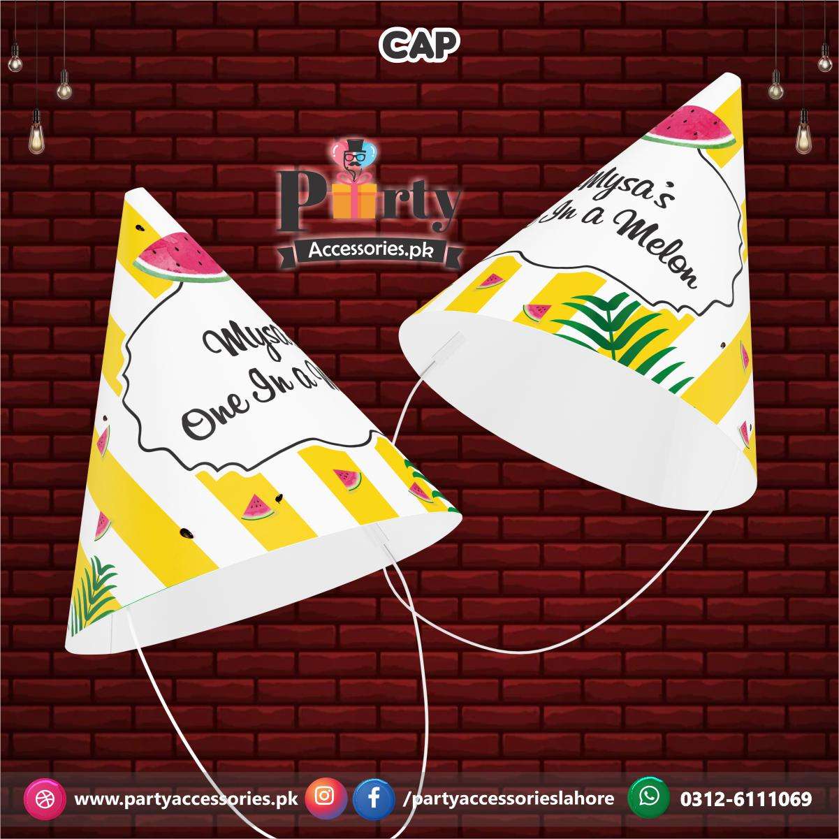 Cone shape caps in One in a melon theme birthday party 