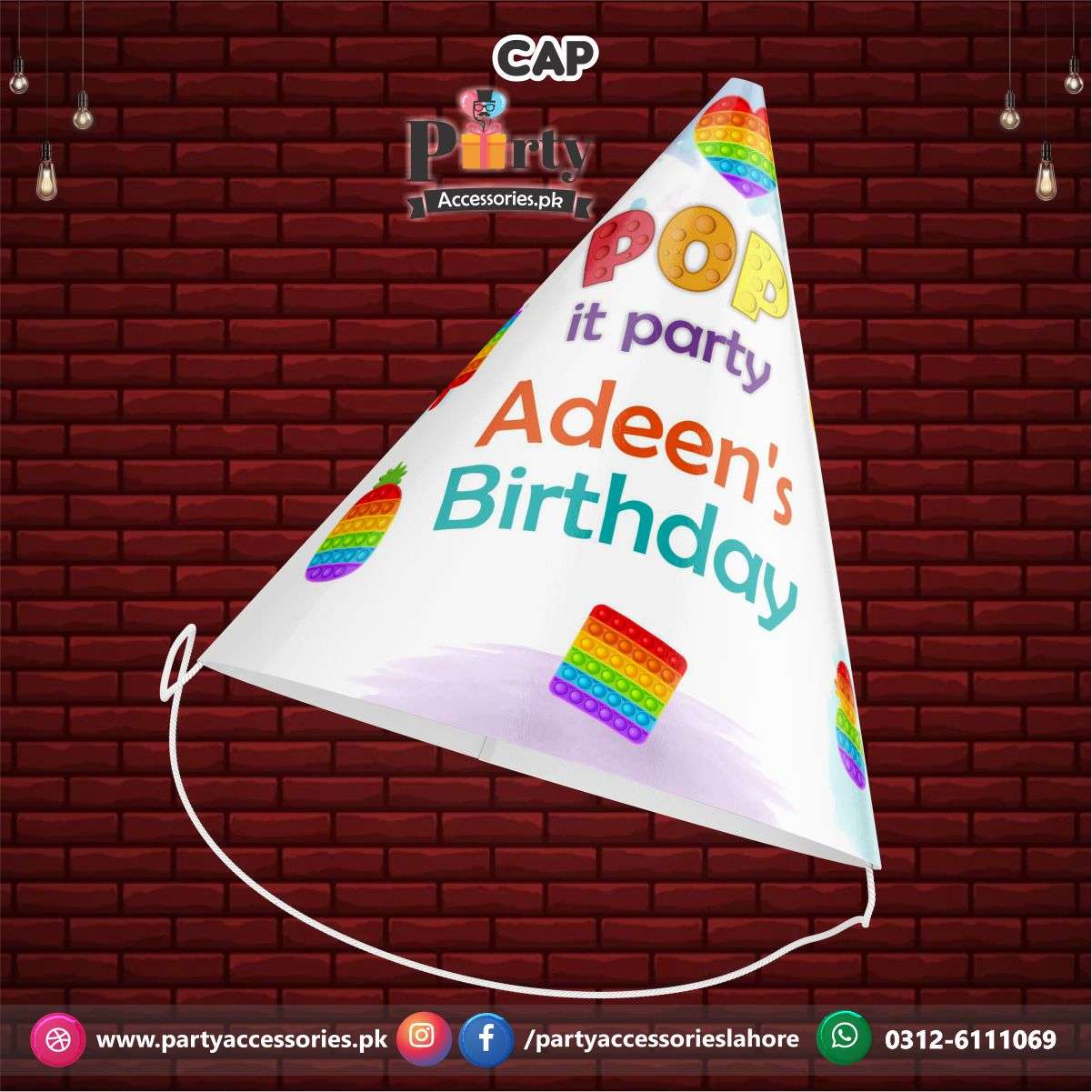 Cone shape caps in Pop It Party theme birthday party | pack of 6