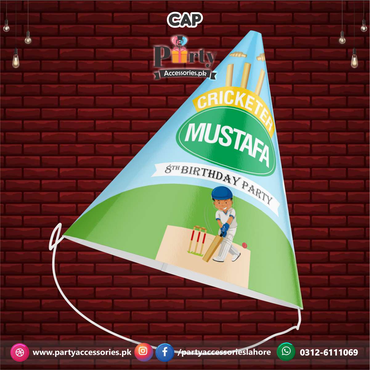 Cone shape caps in Cricket theme birthday party 