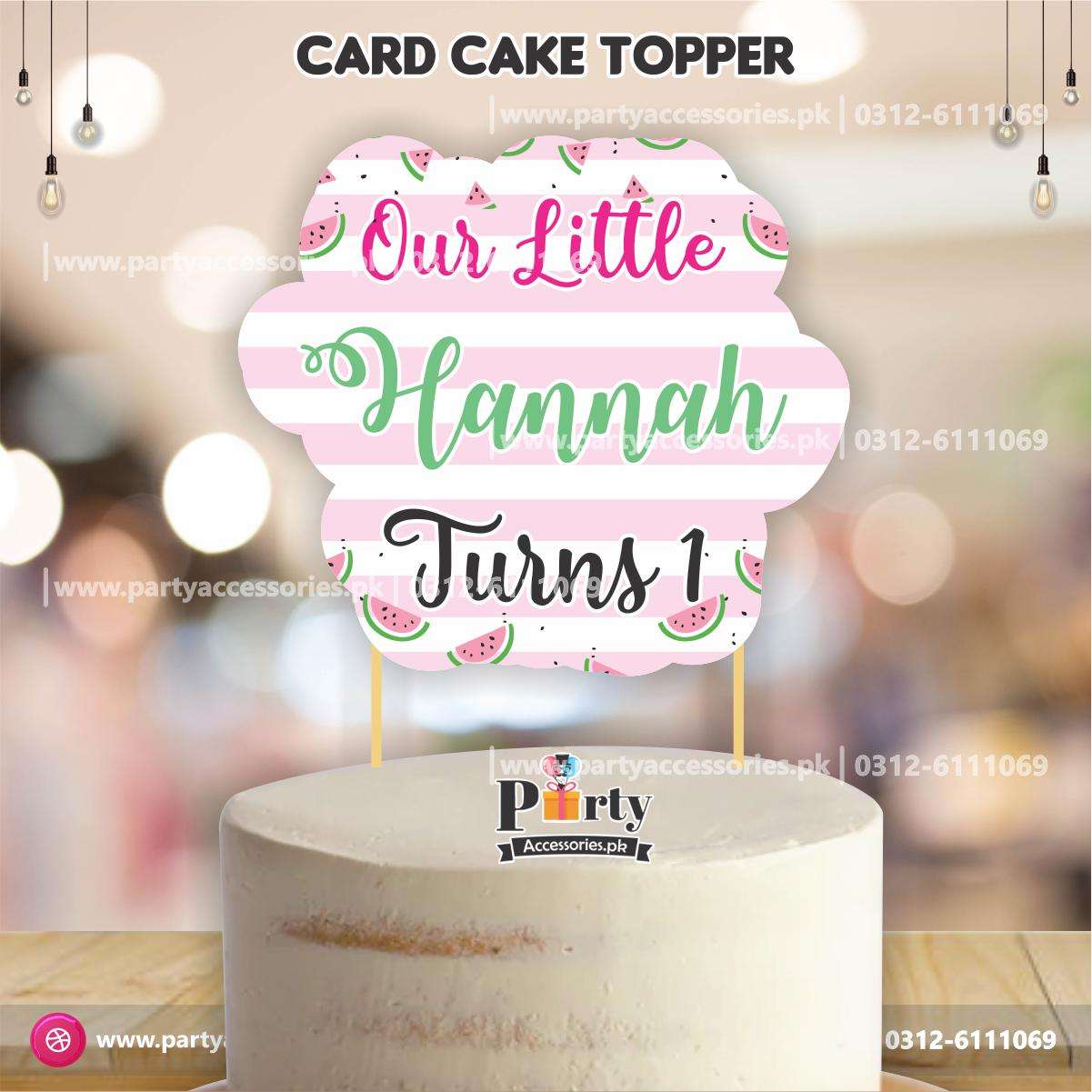 Customized One in a melon theme birthday cake topper on card