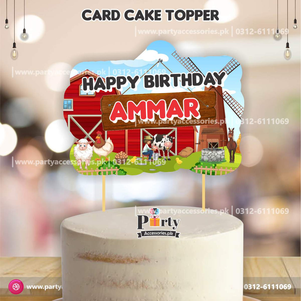 Customized card cake topper for birthday in Farm animals
